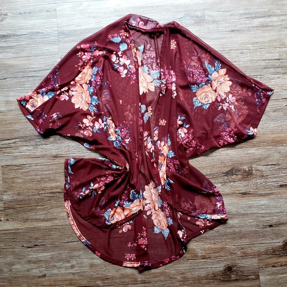 Polly & Esther Tops - Burgundy Floral Kimono